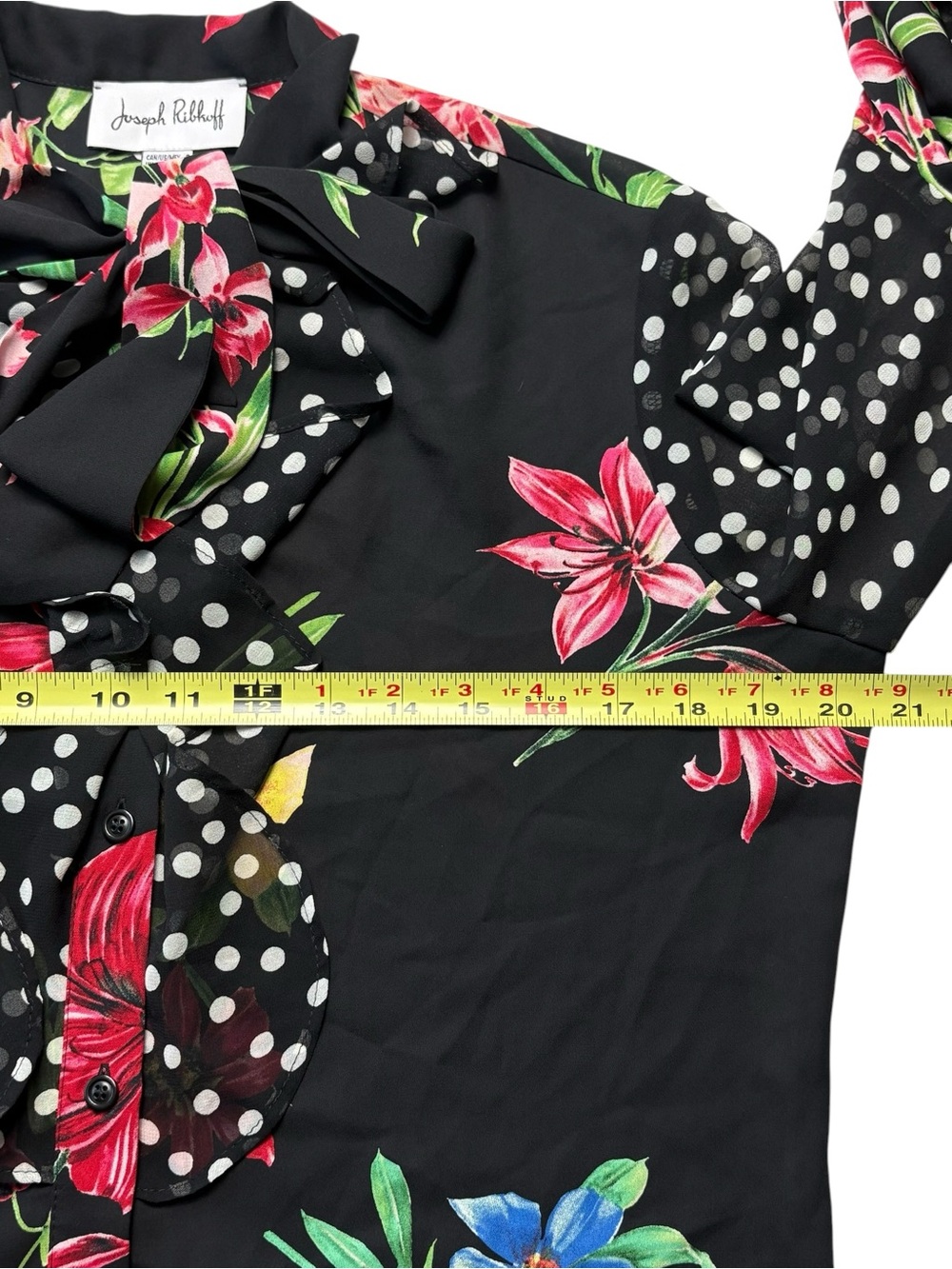 Joseph Ribkoff Mixed Media Floral Polka Dot Ruffle Tie Neck Blouse Size 8 - Picture 12 of 14